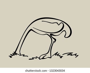 Linear silhouette of an ostrich, hiding his head in the sand. Vector illustration on a beige background.