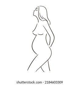 Linear silhouette of a pregnant woman. Continius line. Stock vector illustration isolated on white background.