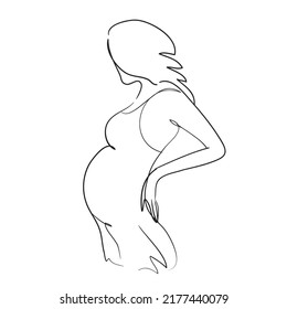 Linear silhouette of a pregnant woman. Continues line. Stock  VECTOR illustration isolated on white background.