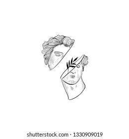 Linear silhouette of statue of David in abstract style with branch