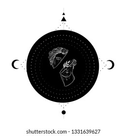 Linear silhouette of the statue of David with branch blooming inside his head on black circle with esoteric symbols of mood and triangle. Tattoo design.
