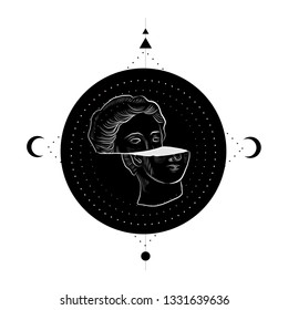 Linear silhouette of statue the greek goddess on black circle with esoteric symbols of moon and triangle. Tattoo design.