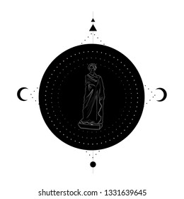 Linear silhouette of statue the greek goddess on black circle with esoteric symbols of moon and triangle. Tattoo design.