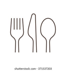 Siluetas lineales de tenedor, cuchara y cuchillo sobre fondo blanco, aisladas.