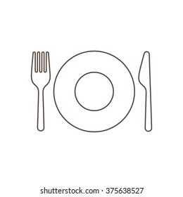 Linear silhouettes of a plate with fork and knife on white background, isolated.