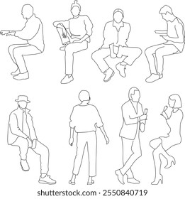 Siluetas lineales de personas sentadas, diseñadas para su uso en Planes arquitectónicos, secciones y diseños.