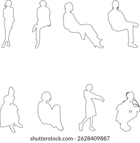 Linear silhouettes of seated people, designed for use in architectural plans, sections, and layouts.
