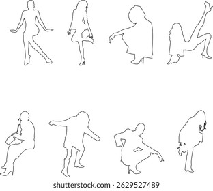 Lineare Silhouetten von sitzenden Personen, die für die Verwendung in Architekturplänen, Abschnitten und Layouts konzipiert sind.