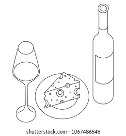 Linear silhouettes of a wine glass, wine bottle and a plate with cheese on it, isolated.