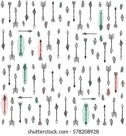 Linear simple arrows vector pattern. Tribal ethnic seamless doodle background with arrows. White arrows on coral pink background.