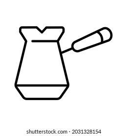 Linear simple cezve icon for preparing strong coffee vector illustration. Monochrome logo utensils for preparation hot morning beverage isolated on white. Retro pot with handle for cooking aroma drink