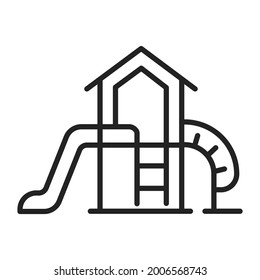 Linear simple childish outdoor playground icon vector illustration. Monochrome outline logo kids attraction with slide, stairs, sandbox and house roof isolated. Children's amusement park equipment