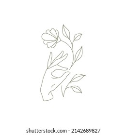 Linear simple female hand touching natural flower bud, petal, stem leaves icon vector illustration. Monochrome logo woman beauty salon cosmetic studio wellness spa line art emblem isolated on white