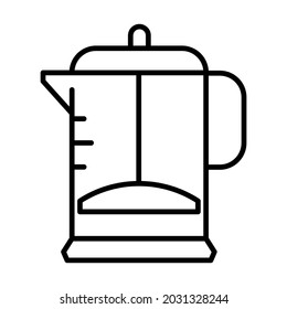 Linear simple french press coffee maker icon vector illustration. Monochrome kitchen utensils for cooking fresh hot morning beverage isolated. Refreshing energy drink in glass or plastic container