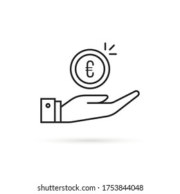 linear simple hand holding euro coin. stroke style trend modern minimal wealth logotype graphic lineart art design isolated on white background. concept of earnings or benefit and outcome budget