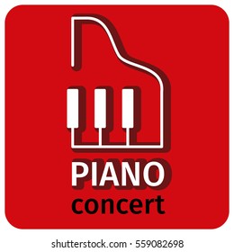 Linear simple icon with the abstract stylized image of piano on red background. Modern stylish thin flat design of the logo for the banner and other with space for text.
