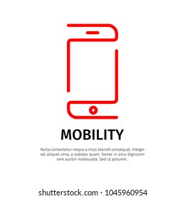 Linear simple icon. Stylized image of a cellphone on the white background. Modern stylish flat design of the logo for banner and other with space for text.
