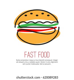 Icono lineal simple. Imagen estilizada de una hamburguesa en el fondo blanco. Diseño moderno y elegante del logotipo para banner y otro con espacio para texto.