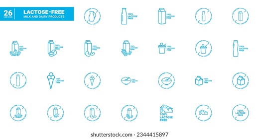  Iconos simples y lineales con leche sin lactosa y productos lácteos.Juego de íconos para la dieta sin lactosa. Iconos de línea libre de lactosa para web, app, móvil e impresos.