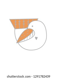 Linear simple illustration of a bird with an orange tail and a wing with a gray heart.