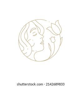 Linear Simple Logo Female Face Smelling Tulip At Hand Drawn Circle Frame For Beauty Spa Salon Vector Illustration. Woman With Flower At Rounded Border Feminine Cosmetic Cosmetology Skin Care Wellness