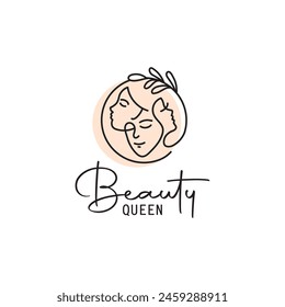 Linear simple logo female face at hand drawn circle frame for beauty spa salon vector.
