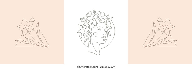 Linear simple logo woman portrait with floral botanical wreath at rhombus frame tropical leaves branch set vector illustration. Monochrome icon card for feminine beauty gardening spa farm