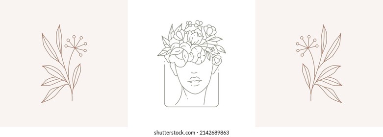 Linear simple pastel greeting card set with art deco blossom woman portrait natural dandelion logo vector illustration. Monochrome minimalist botanical decorative design for beauty cosmetic spa salon