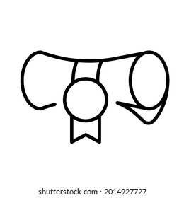 Linear simple scroll diploma icon vector illustration. Monochrome logo roll folded degree document with ribbon and medal isolated on white. Vintage paper certificate blank with stamp