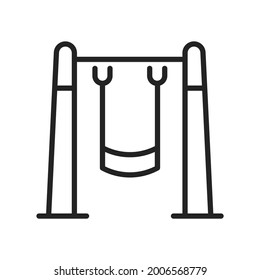 Linear simple swing icon vector illustration. Monochrome logo recreational outdoor wooden metallic equipment for childish swinging playing game isolated on white. Hanging tool with seat at playground