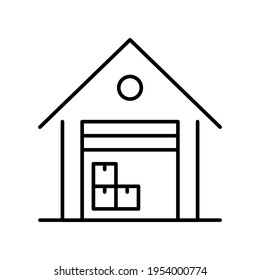Linear simple warehouse space icon vector illustration. Monochrome building storage with stacked boxes isolated on white. Construction with roof for keeping property things or preparing to moving