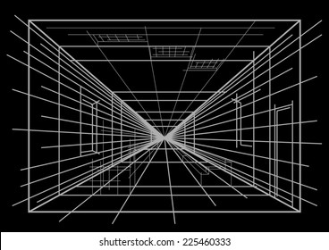 linear sketch of abstract interior on black background
