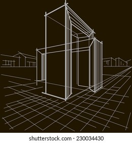 linear sketch of architectural construction of two intersecting arches on black background