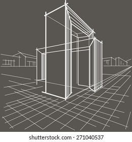 linear sketch of architectural construction of two intersecting arches on gray background