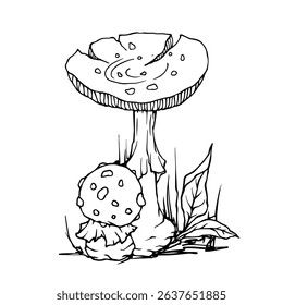 Linear sketch of autumn compositions of fly agaric mushrooms and forest plants. Vector graphics.