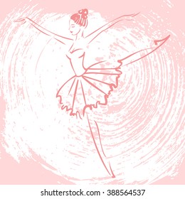 Linear sketch of the beautiful ballerina in dance. Hand drawn vector illustration on the textured color background. 
