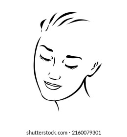 Linear sketch of a beautiful face of a girl. Logo for a beauty spa salon. Vector black and white fashion illustration. Hand drawn style