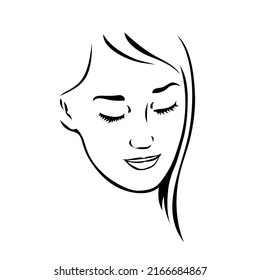 Linear sketch of a beautiful face of a girl. Logo for a beauty spa salon. Vector black and white fashion illustration. Hand drawn style