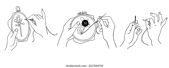 Lineare Skizze von schönen weiblichen Händen, die eine Nadel werfen, stickend auf einen Hoop. Vektorgrafiken.