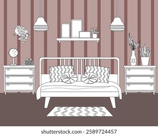 Linear sketch of the bedroom interior. Furniture items - bed with pillows and bedspread, bedside table with personal items. Flowers, shelf for photos. Modern design. Vector illustration