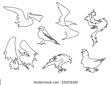 linear sketch birds silhouettes set