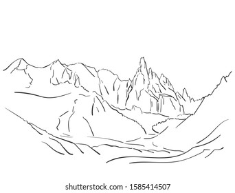 Linear sketch of Cerro Torre mountain massif in Patagonia, Hand drawn vector illustration