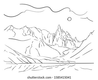 Linear sketch of Cerro Torre mountain massif and Lagoon Torre in Patagonia, Hand drawn vector illustration