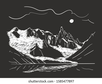 Linear sketch of Cerro Torre mountain massif and Lagoon Torre in Patagonia in moon night, Hand drawn vector illustration white lines on black background