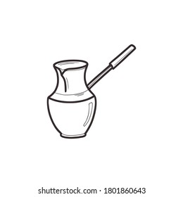 Linear sketch cezve. Ladle shaped dishes for making Turkish coffee. Doodle style. Kitchenware. Cooking concept. Isolated on white background, stock vector illustration.