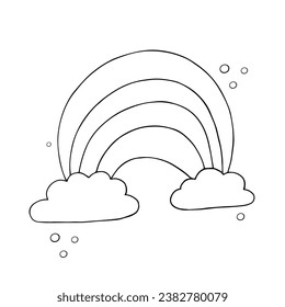 Esbozo lineal, colorido infantil de un arco iris con nubes y estrellas.Gráficos vectoriales.