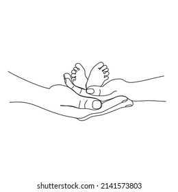 Linear sketch of children's legs in the hands of the father. Happy family parenting concept. Hand drawn vector illustration.