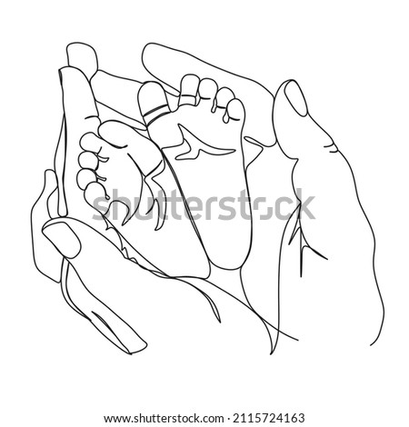 Linear sketch of children's legs in the hands of the father. Happy family parenting concept. Hand drawn vector illustration.
