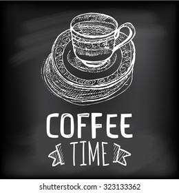 Linear sketch coffee cup at sauce. Coffee cup for coffee time. Vector creative cafe menu illustration.