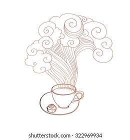Linear sketch coffee cup at saucer with steam and chocolate. Vector creative cafe menu illustration.